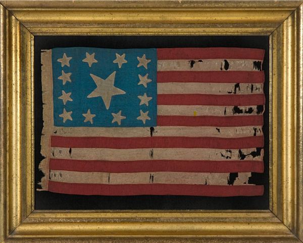 The layout of the 13 stars on this flag, dated between 1850 and 1876, is known as the Trumbull pattern, after John Trumbull, an artist and Revolutionary War soldier who served as George Washington’s aide-de-camp and painted the future first president alongside flags bearing this configuration.